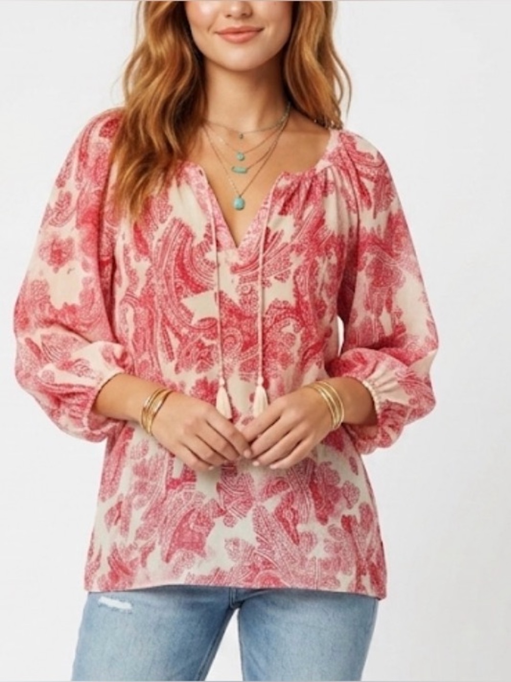 Banana Republic Pink Paisley 100% Silk Peasant Top M